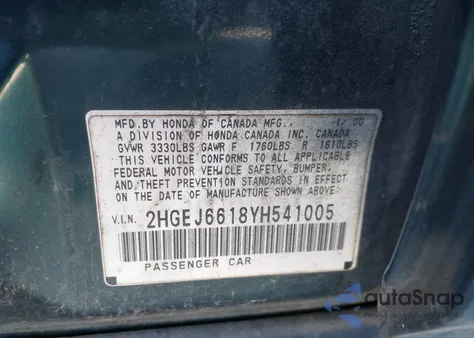 2000 Honda Civic Value Package z USA, uszkodzony, nr VIN 2HGEJ6618YH541005